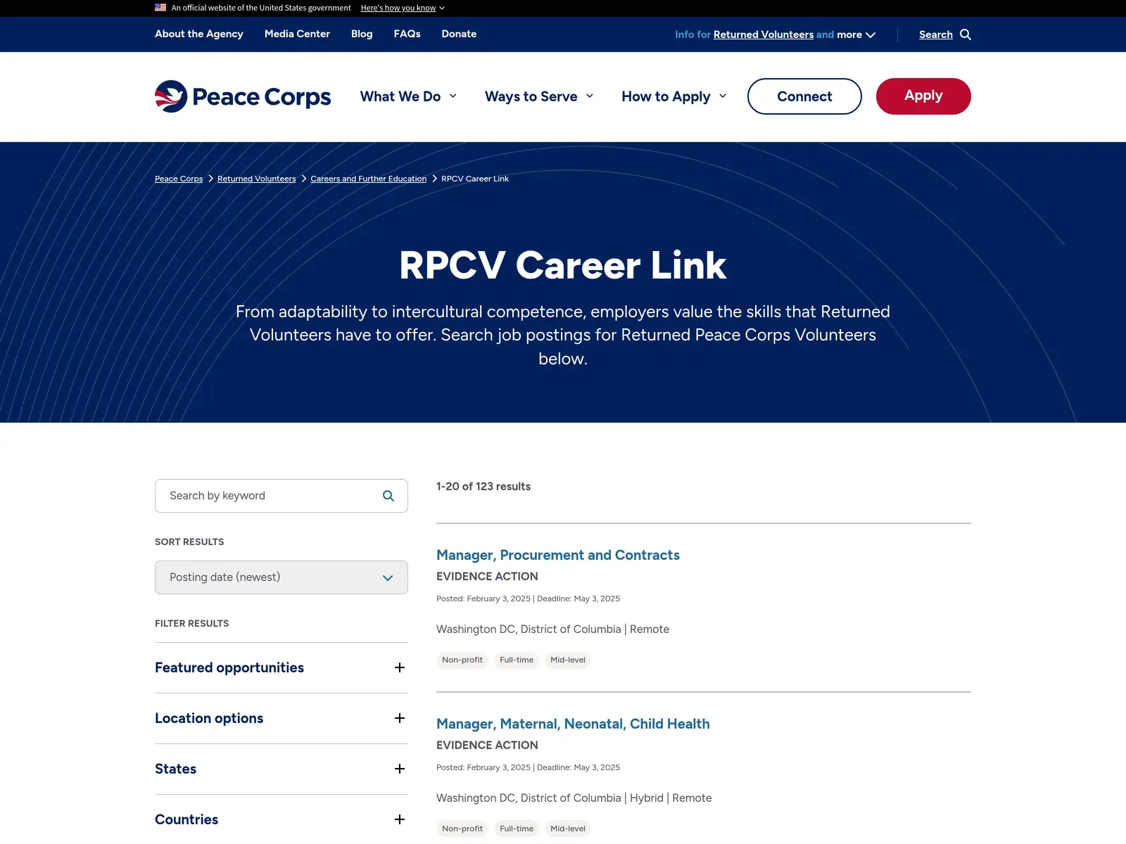 Screenshot of RPCV Career Link