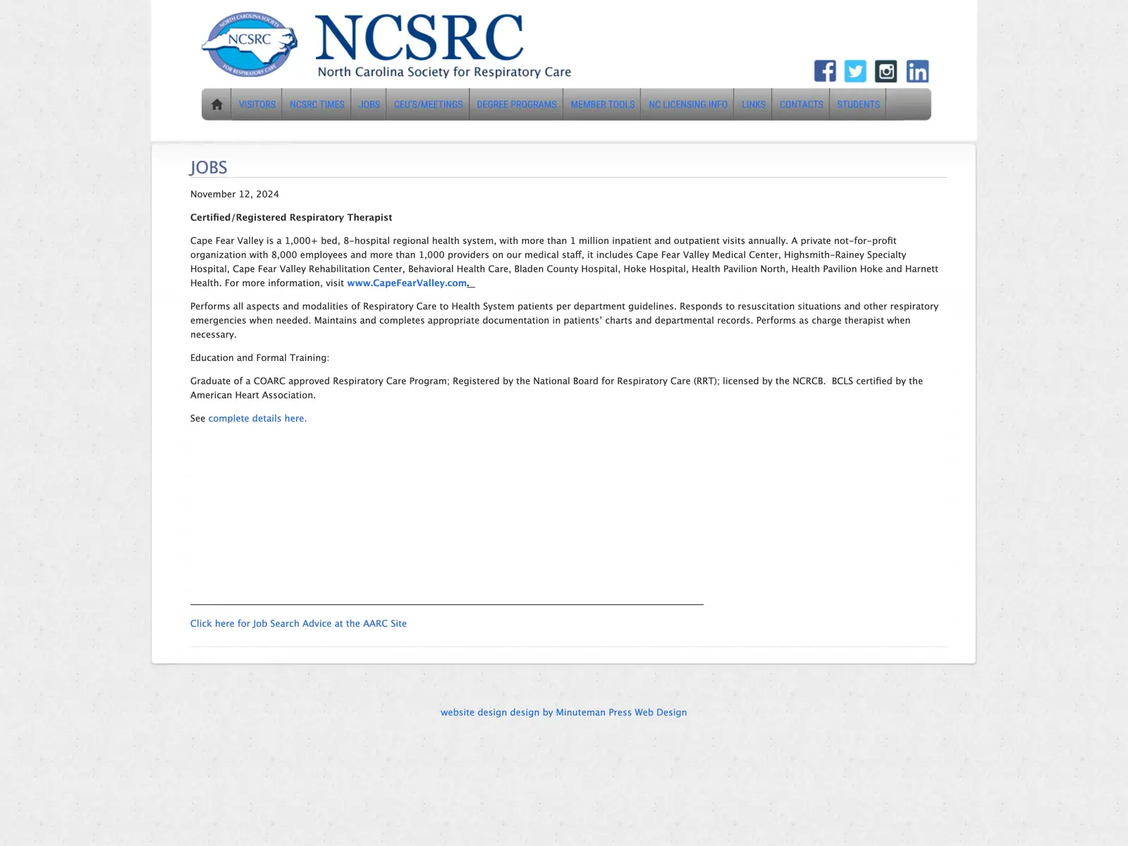 Screenshot of North Carolina Society for Respiratory Care