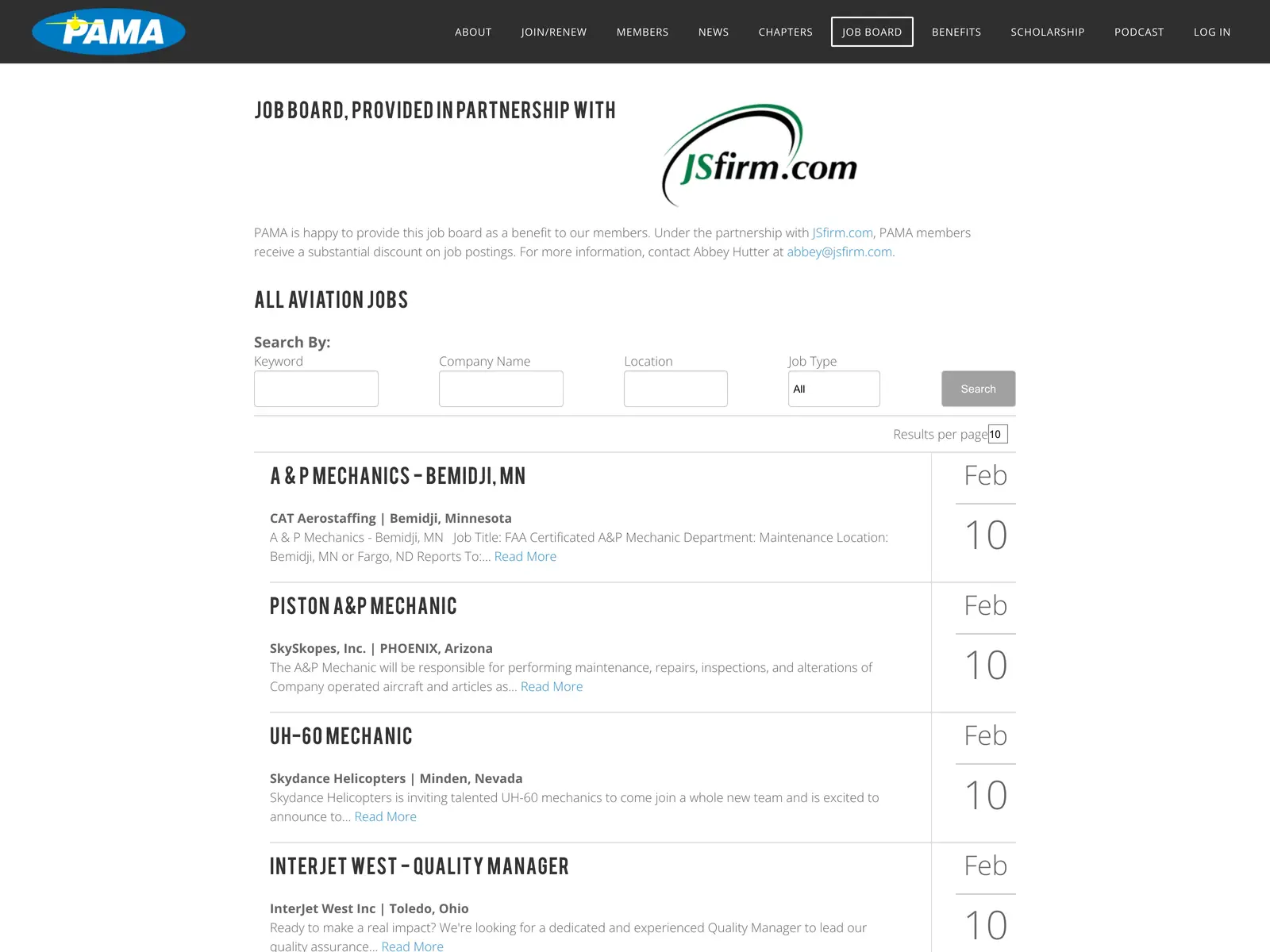Screenshot of PAMA Job Board
