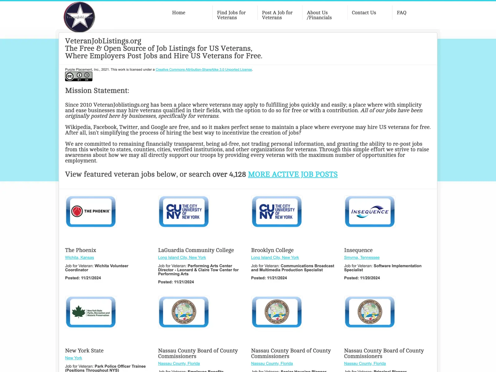 Screenshot of VeteranJobListings.com