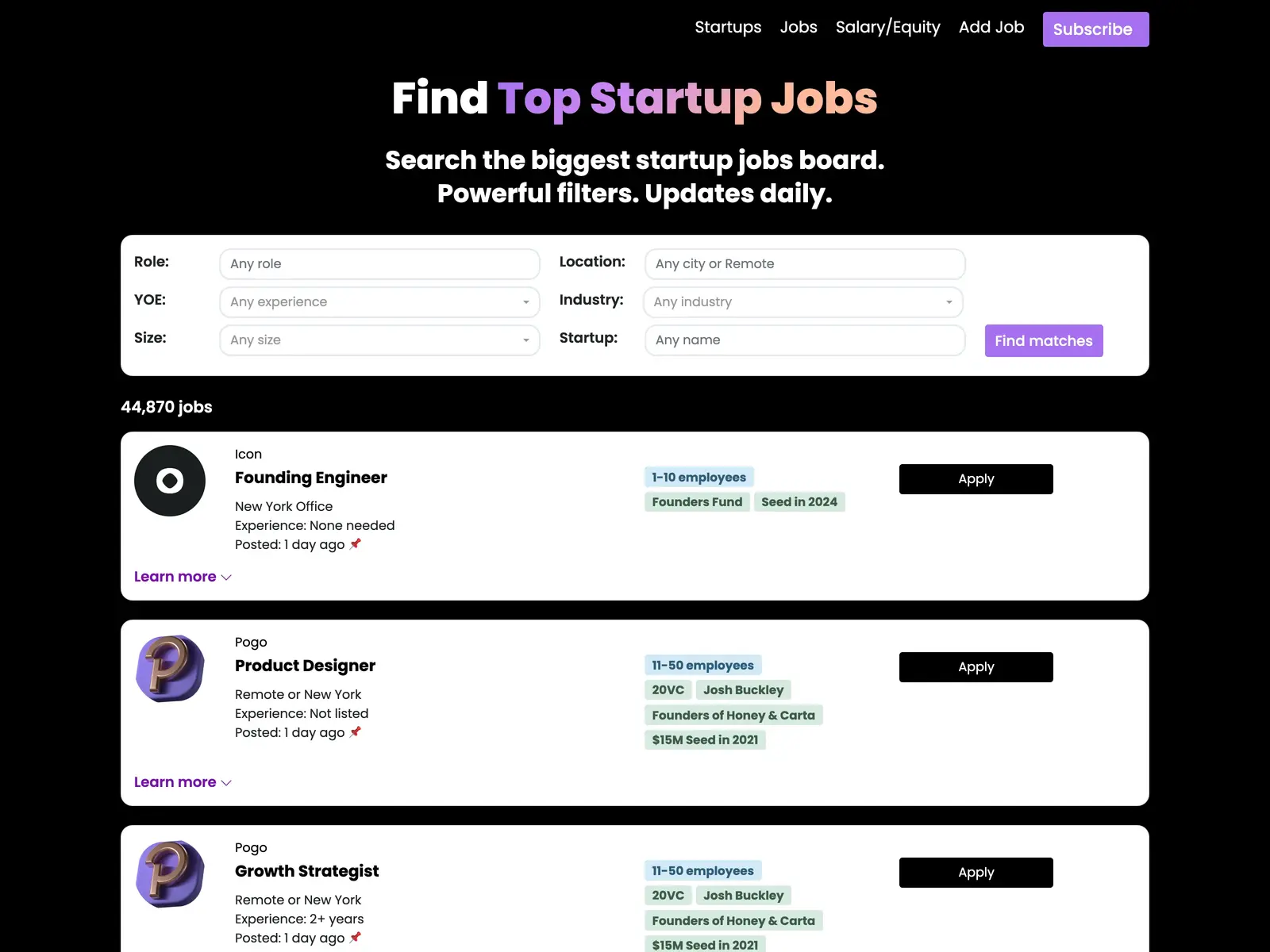 Screenshot of Top Startups