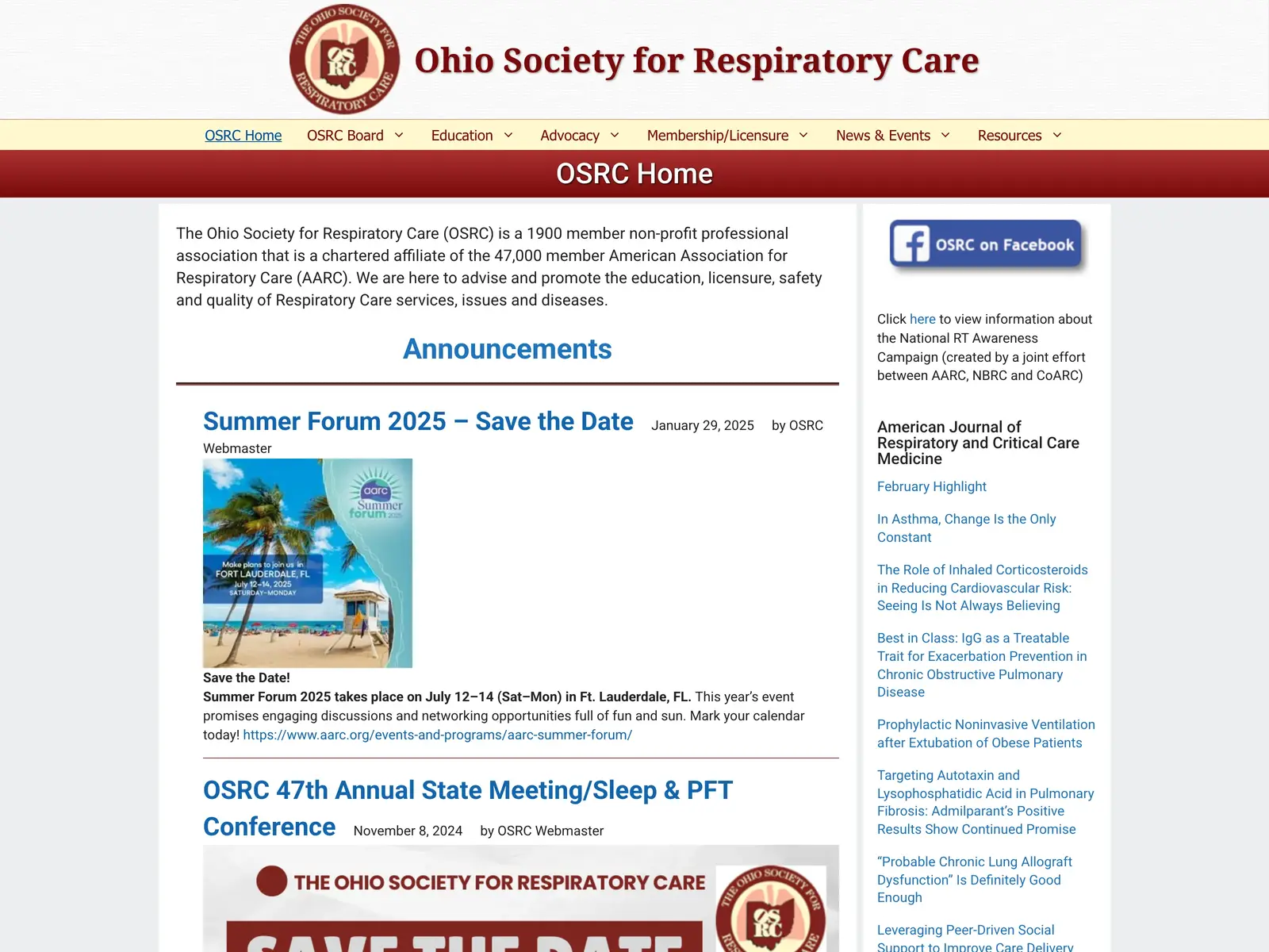 Screenshot of Ohio Society for Respiratory Care
