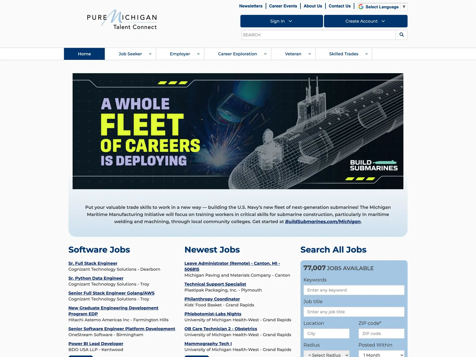 Screenshot of Pure Michigan Talent Connect