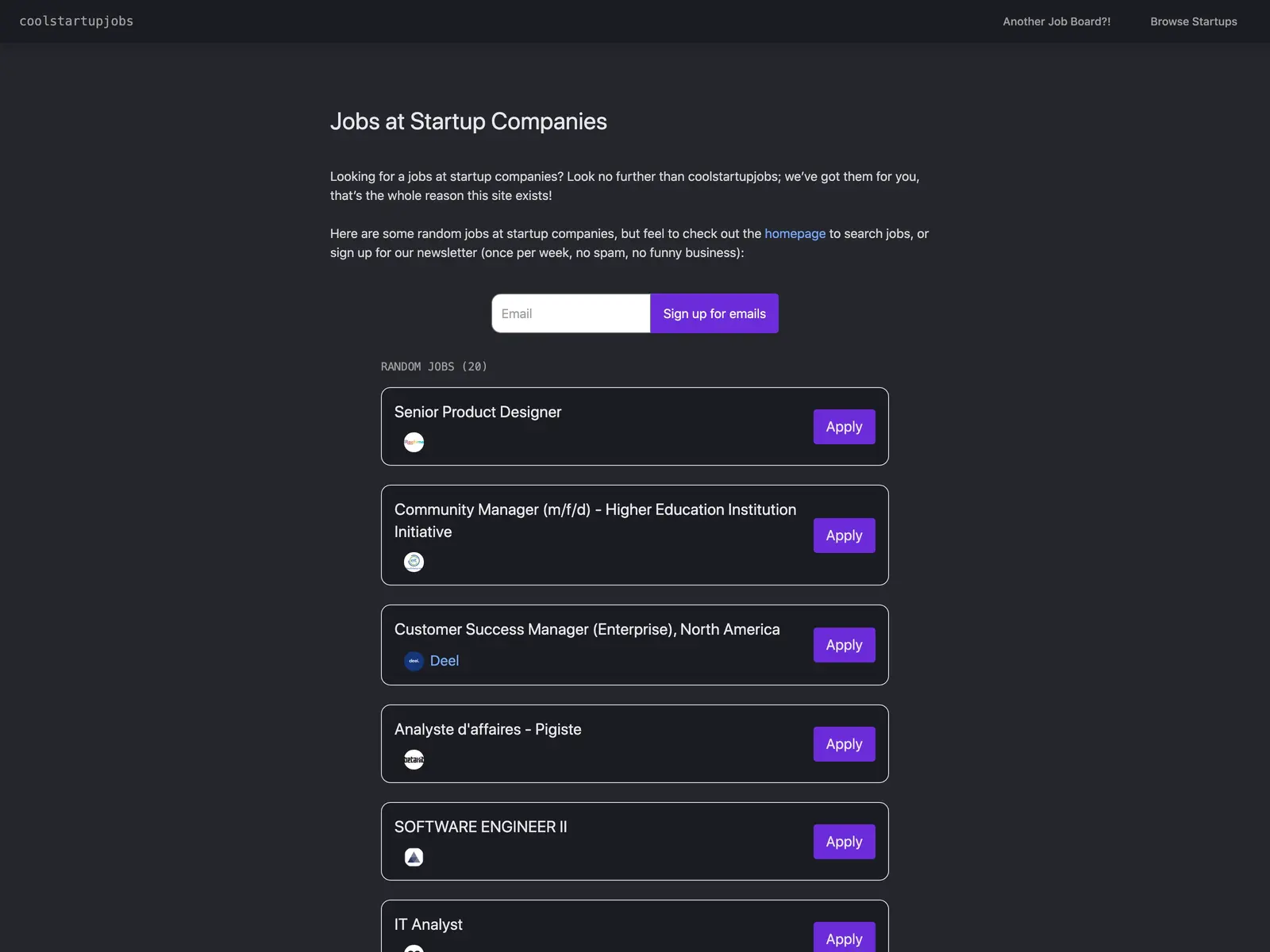Screenshot of Cool Startup Jobs