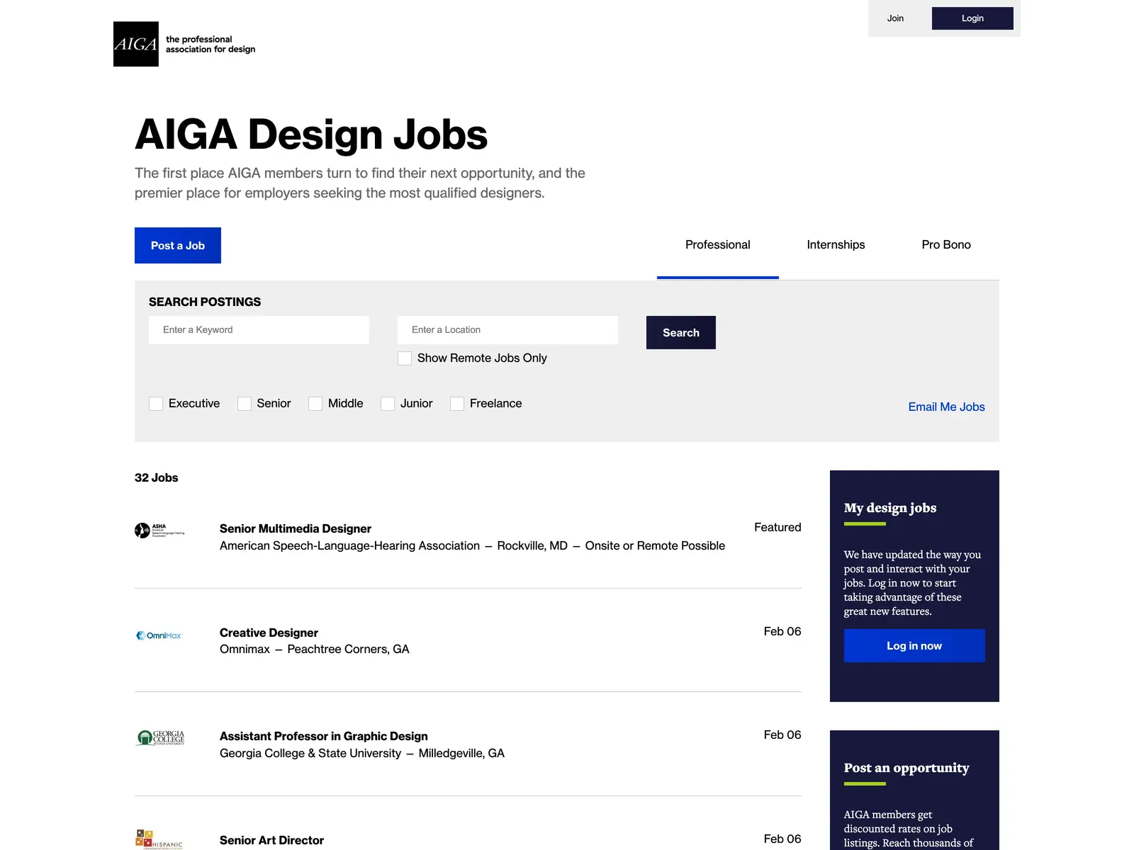 Screenshot of AIGA Design Jobs