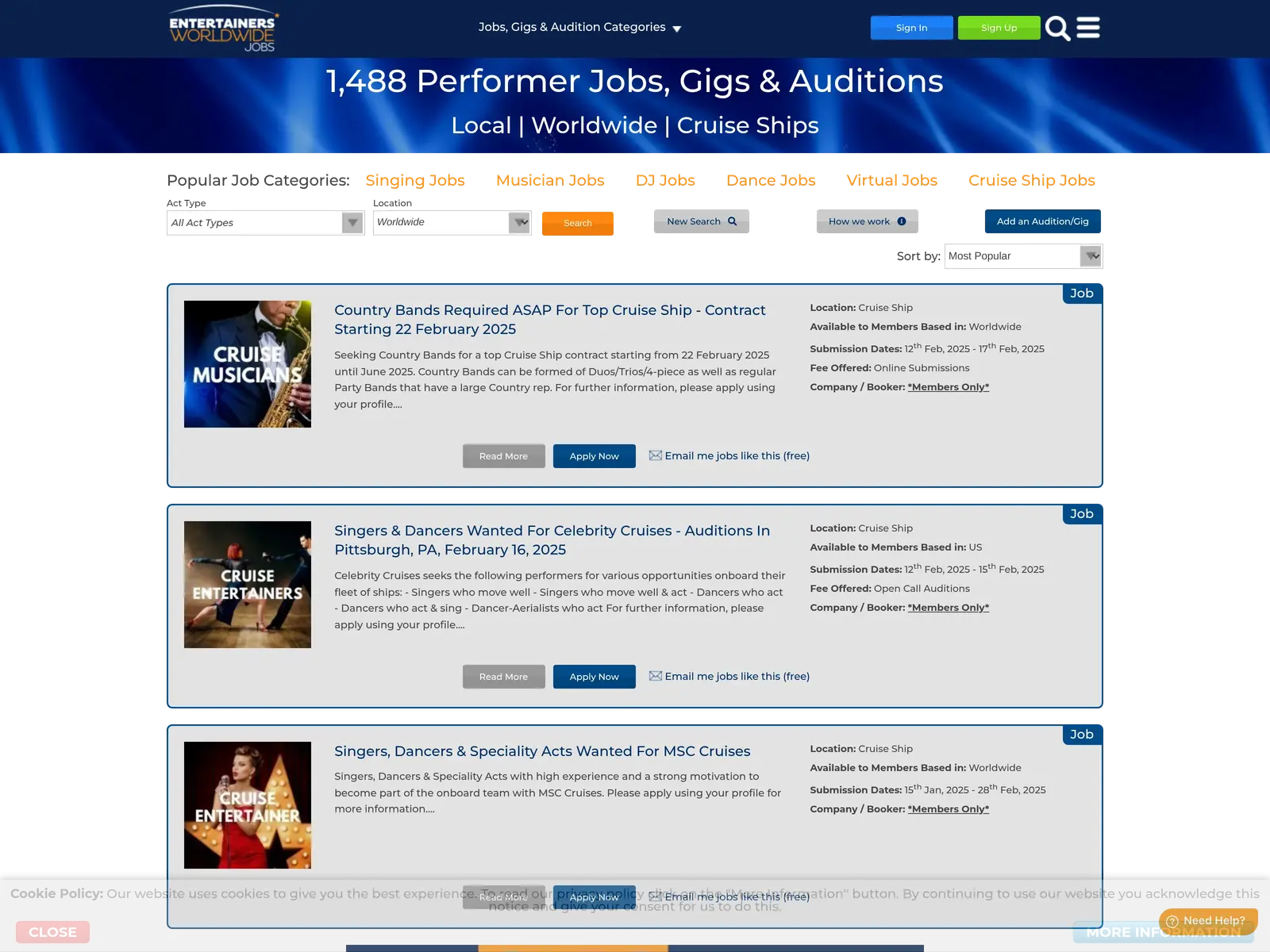 Screenshot of Entertainers Worldwide Jobs
