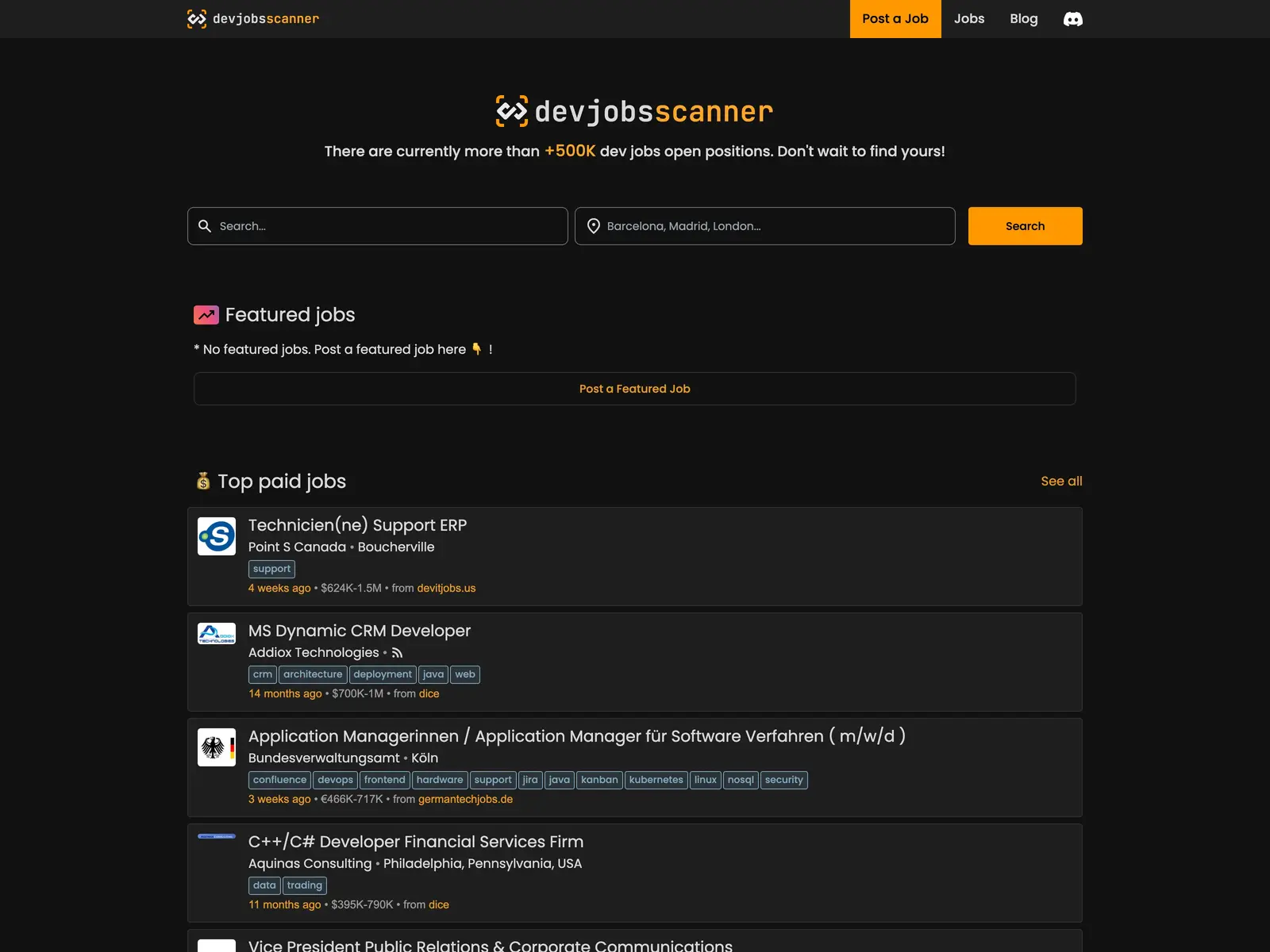 Screenshot of Devjobsscanner