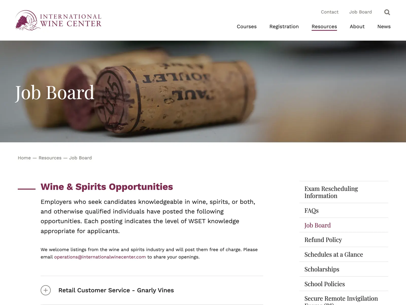 Screenshot of International Wine Center Job Board