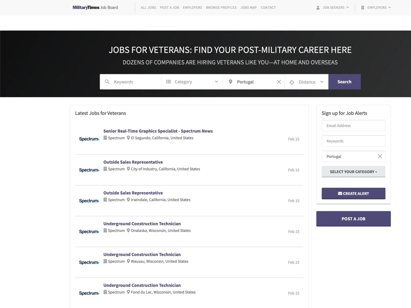 Screenshot of Military Times Job Board