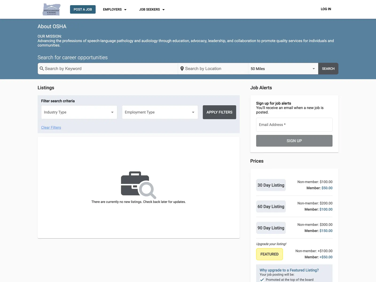 Screenshot of Oregon Speech Language and Hearing Association Job Board