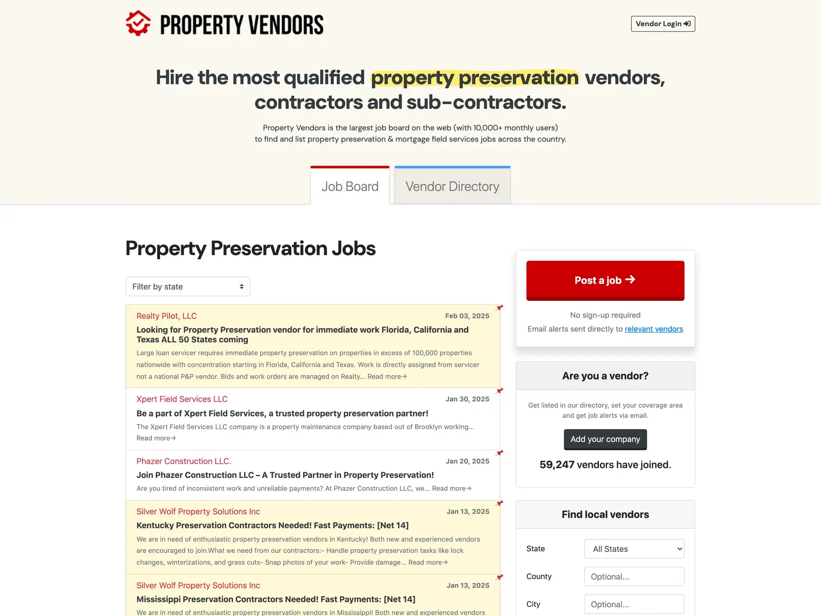 Screenshot of Property Preservation Jobs and Company Directory