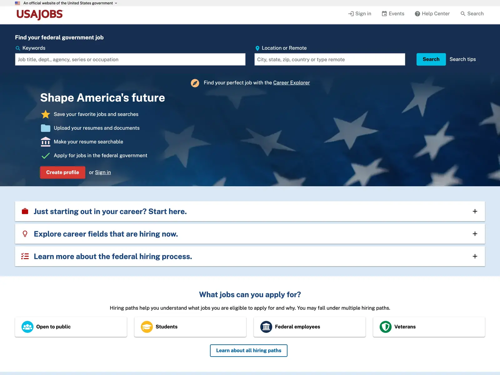 Screenshot of USAJOBS