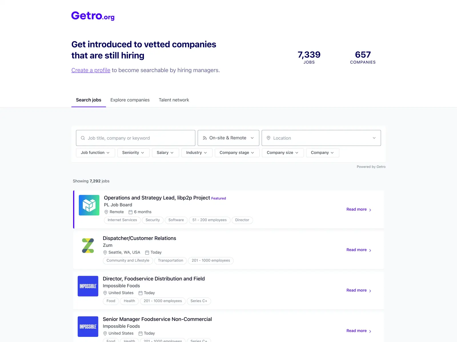 Screenshot of Getro.org Job Board