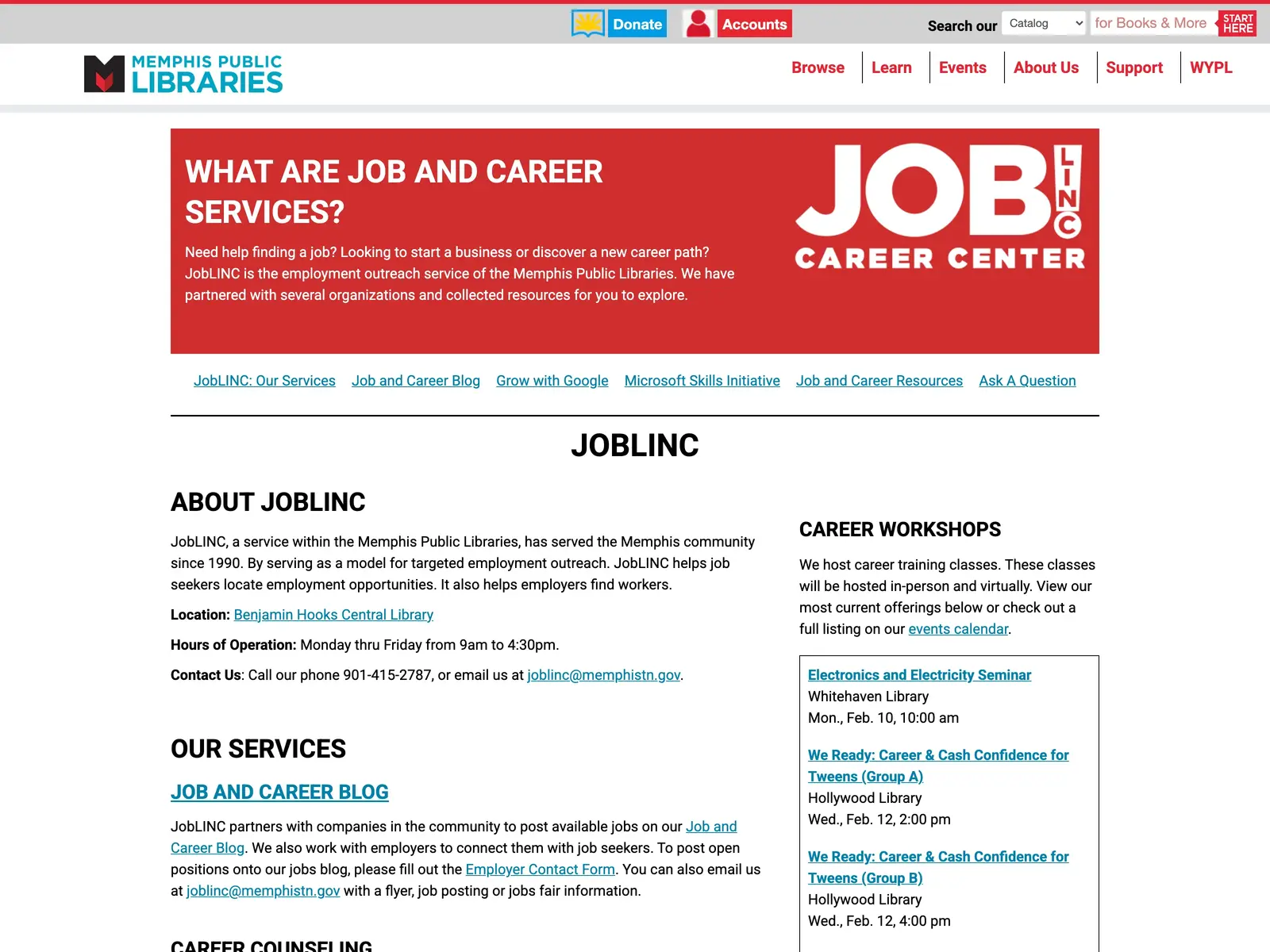 Screenshot of Job and Career Services - Memphis Public Libraries