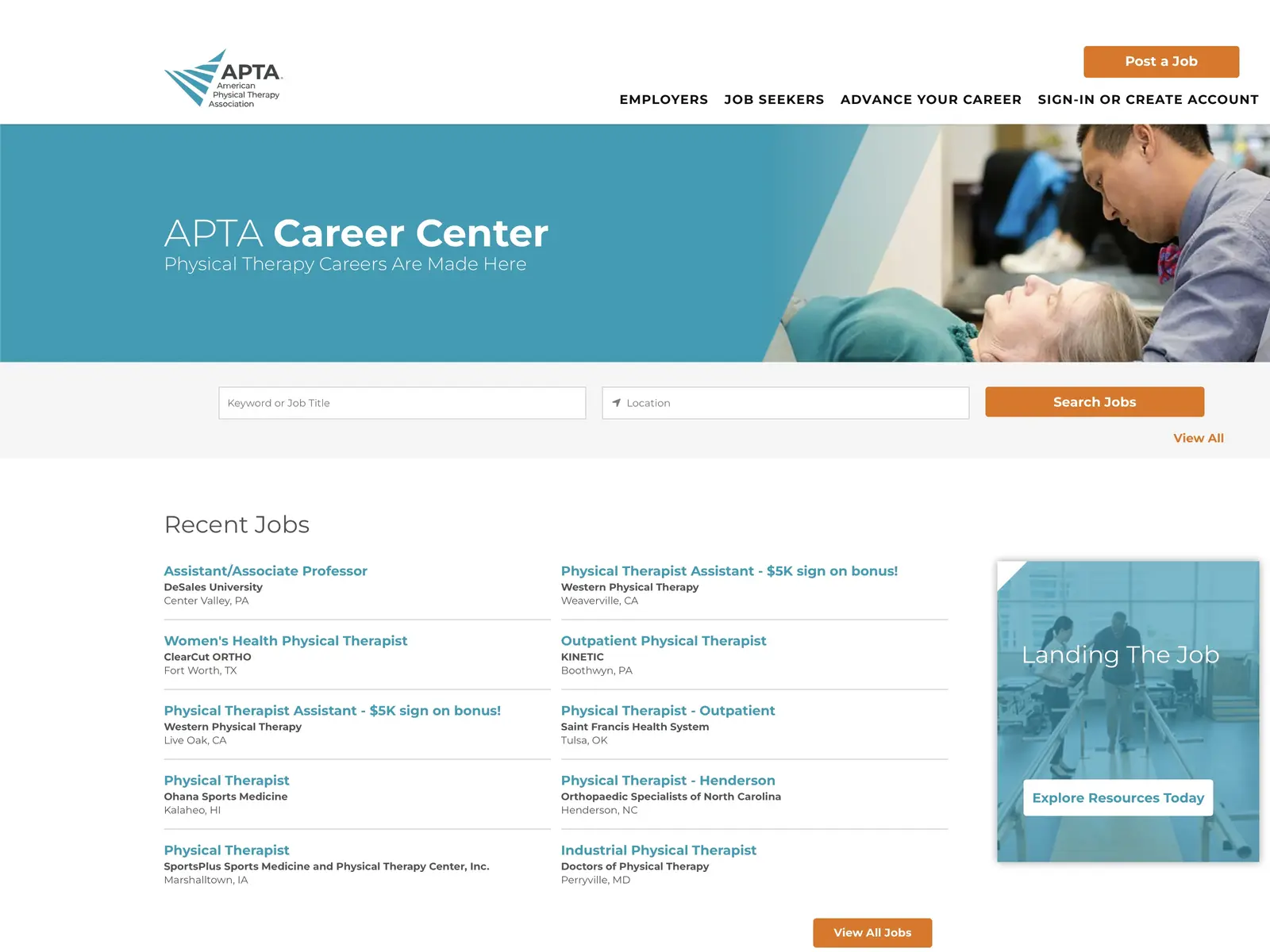Screenshot of APTA Career Center