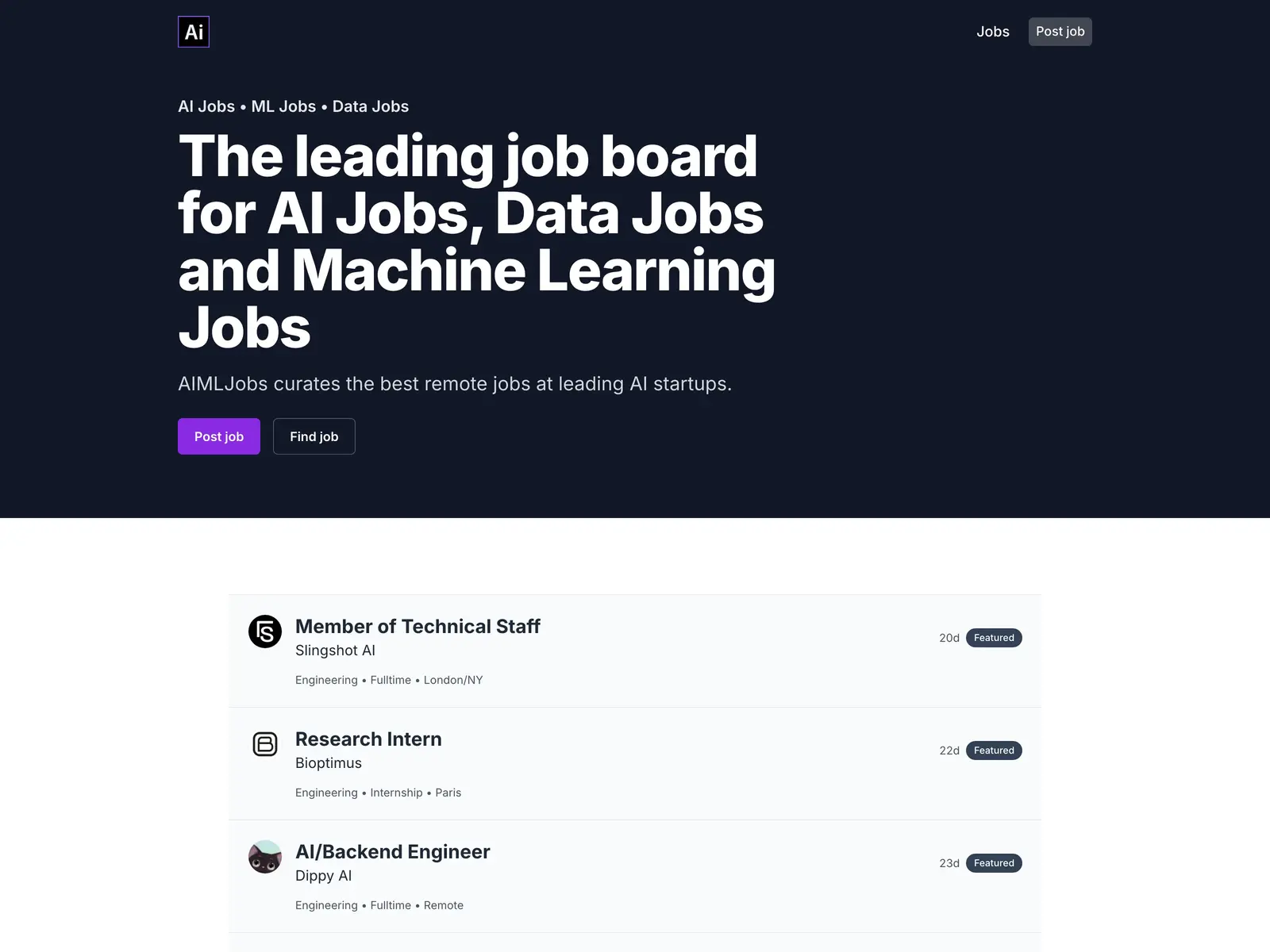 Screenshot of AI Jobs and ML Jobs at Remote AI Startups