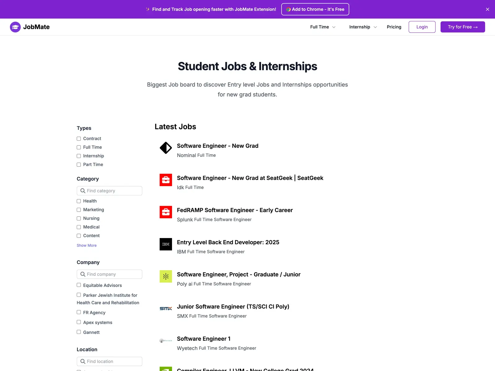 Screenshot of All Entry Level Jobs & Internships for New Grads at One Place