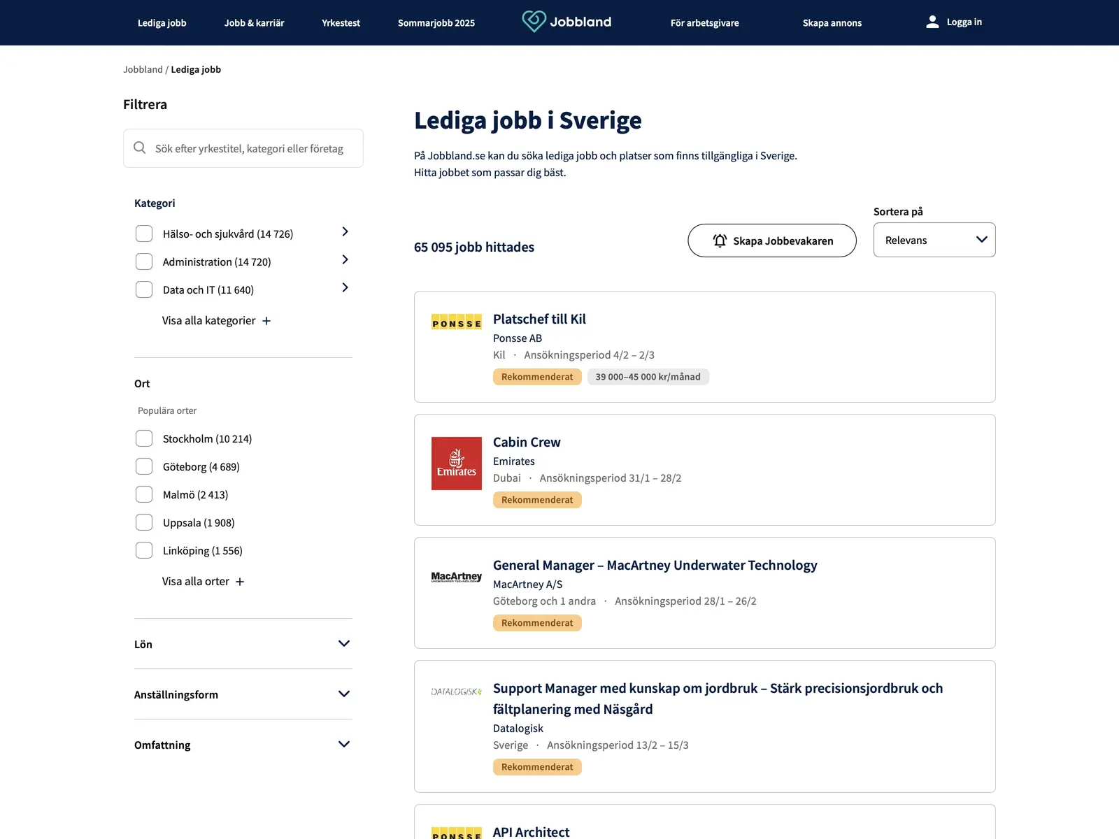 Screenshot of Alla lediga jobb - Jobbland