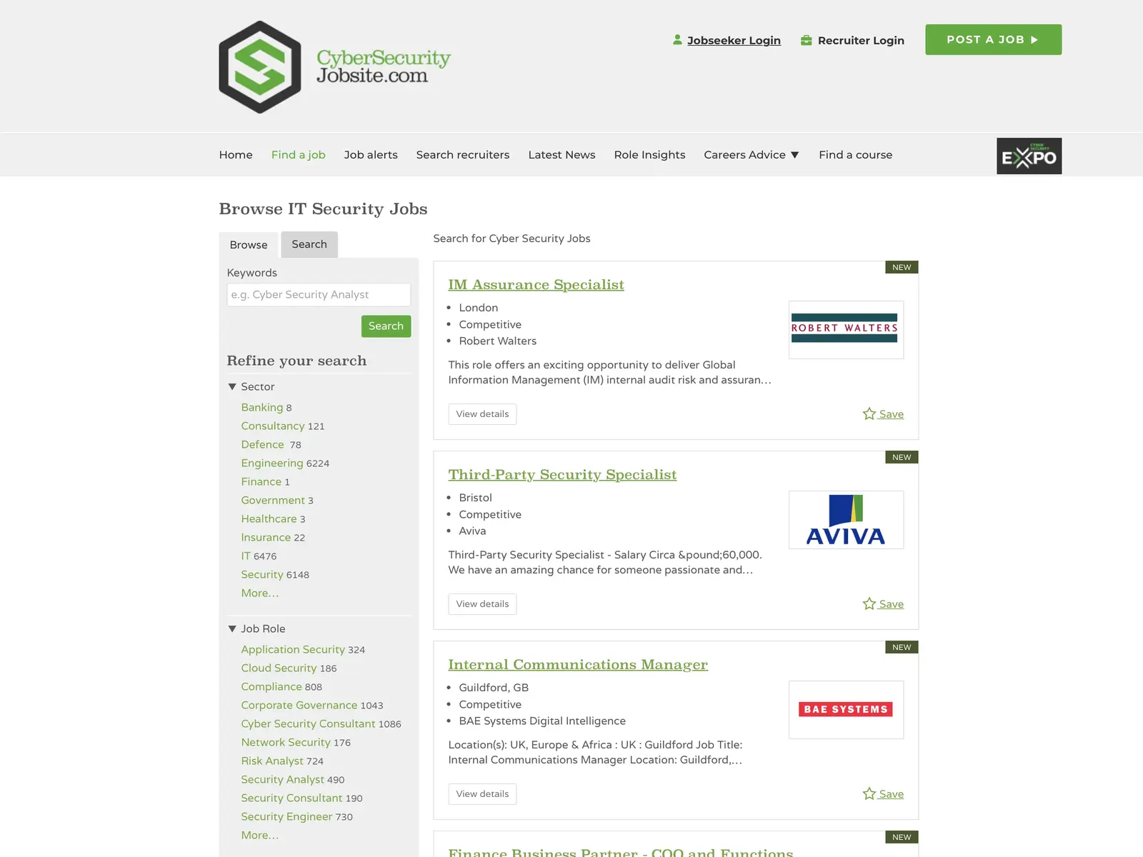 Screenshot of Cyber Security Jobsite