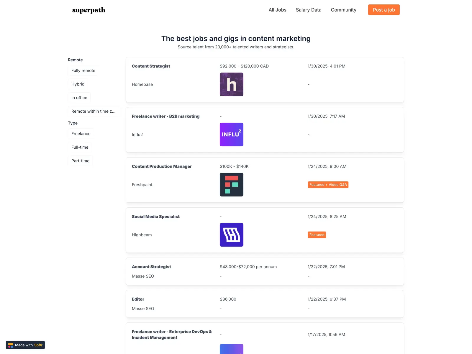 Screenshot of Content marketing jobs and freelance gigs