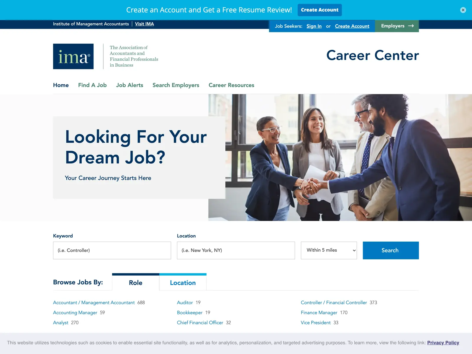 Screenshot of IMA Career Center