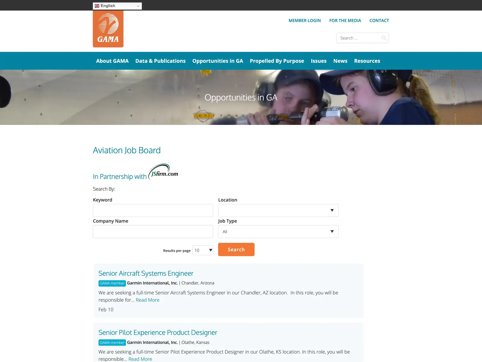 Screenshot of Aviation Job Board - GAMA