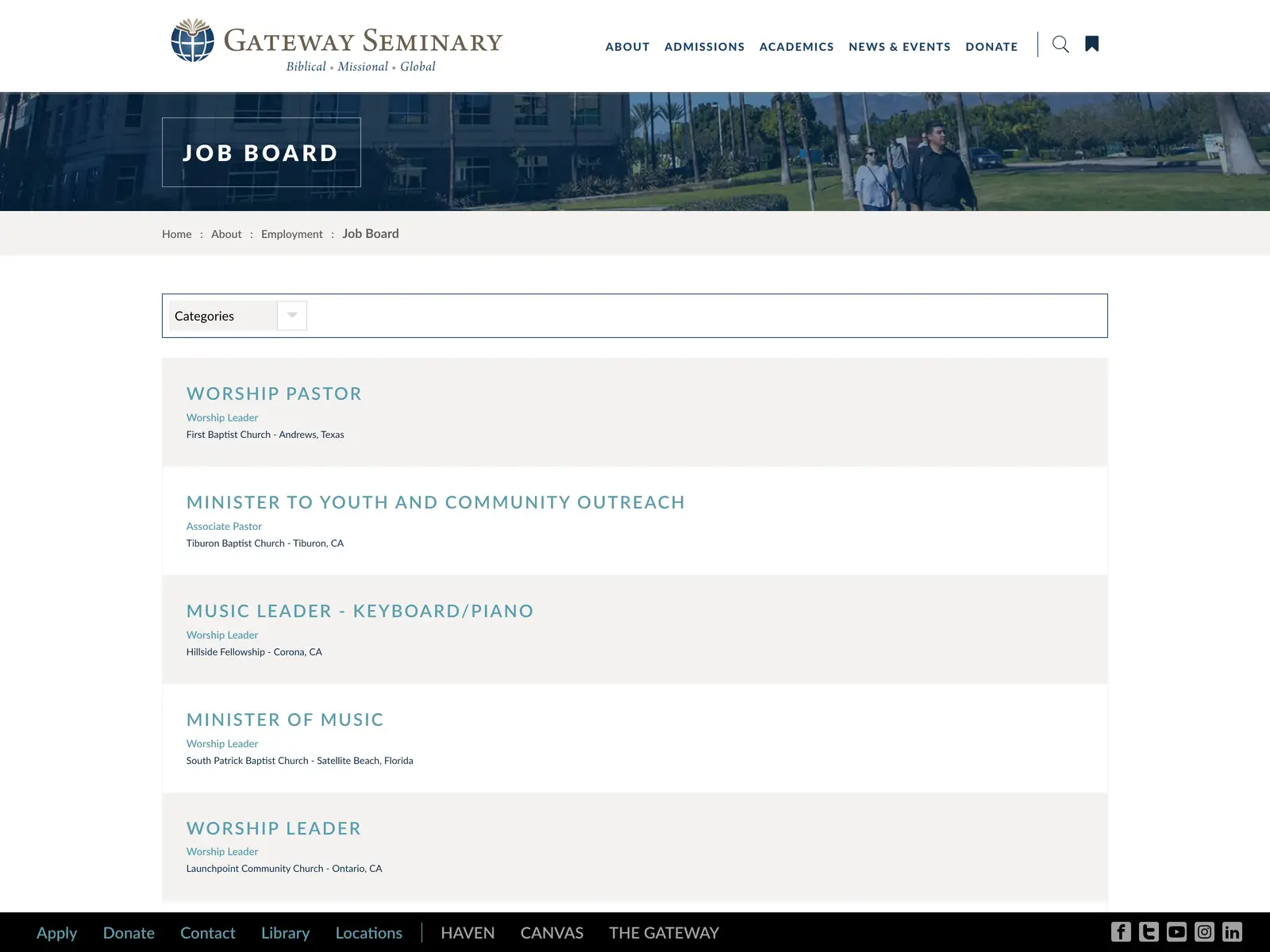 Screenshot of Gateway Seminary Job Board