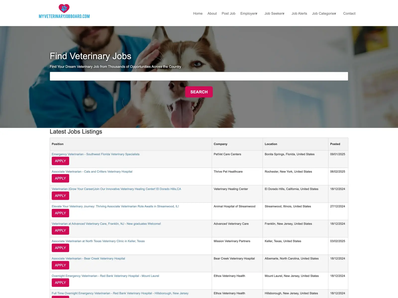 Screenshot of My Veterinary Job Board