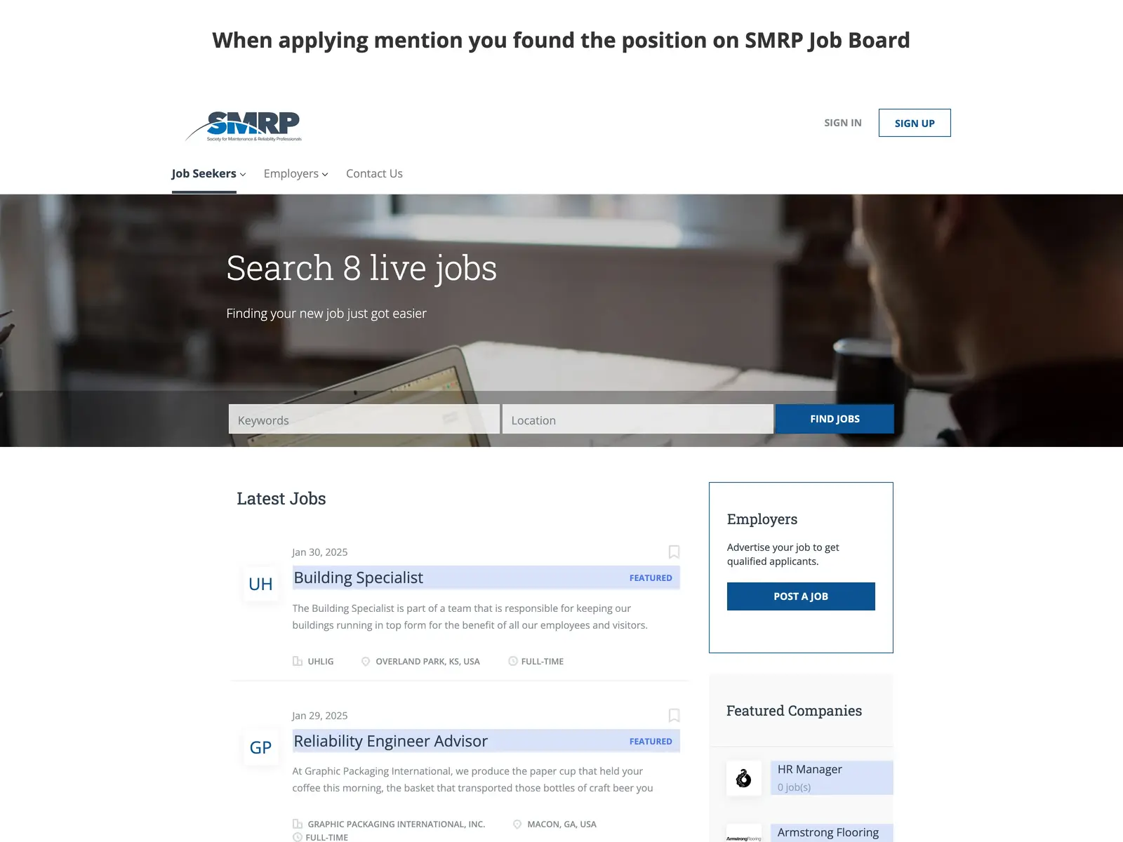 Screenshot of SMRP Job Board