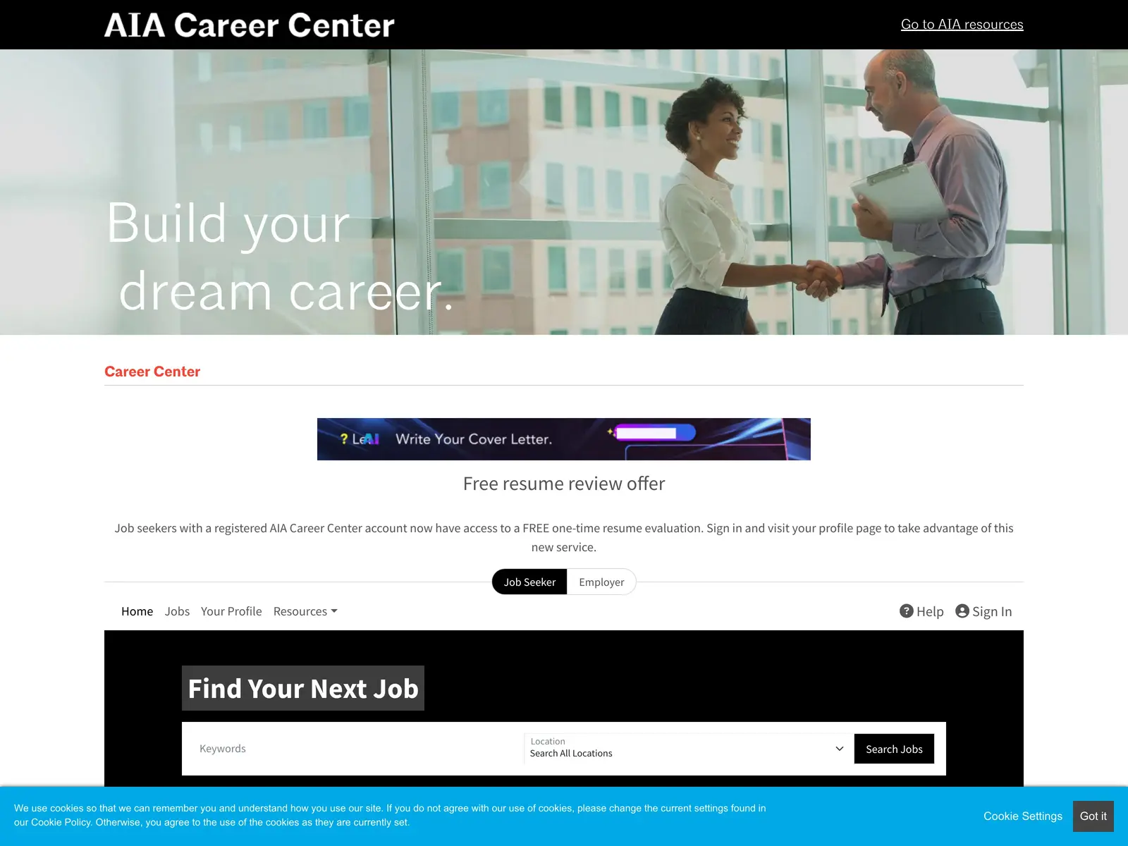 Screenshot of AIA Career Center