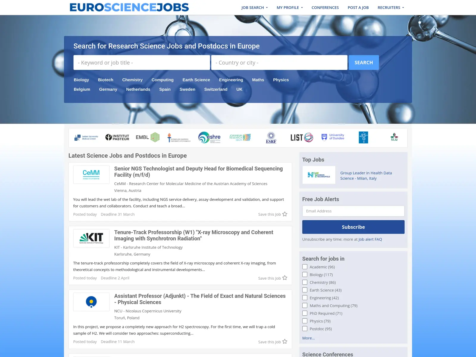 Screenshot of EuroScienceJobs