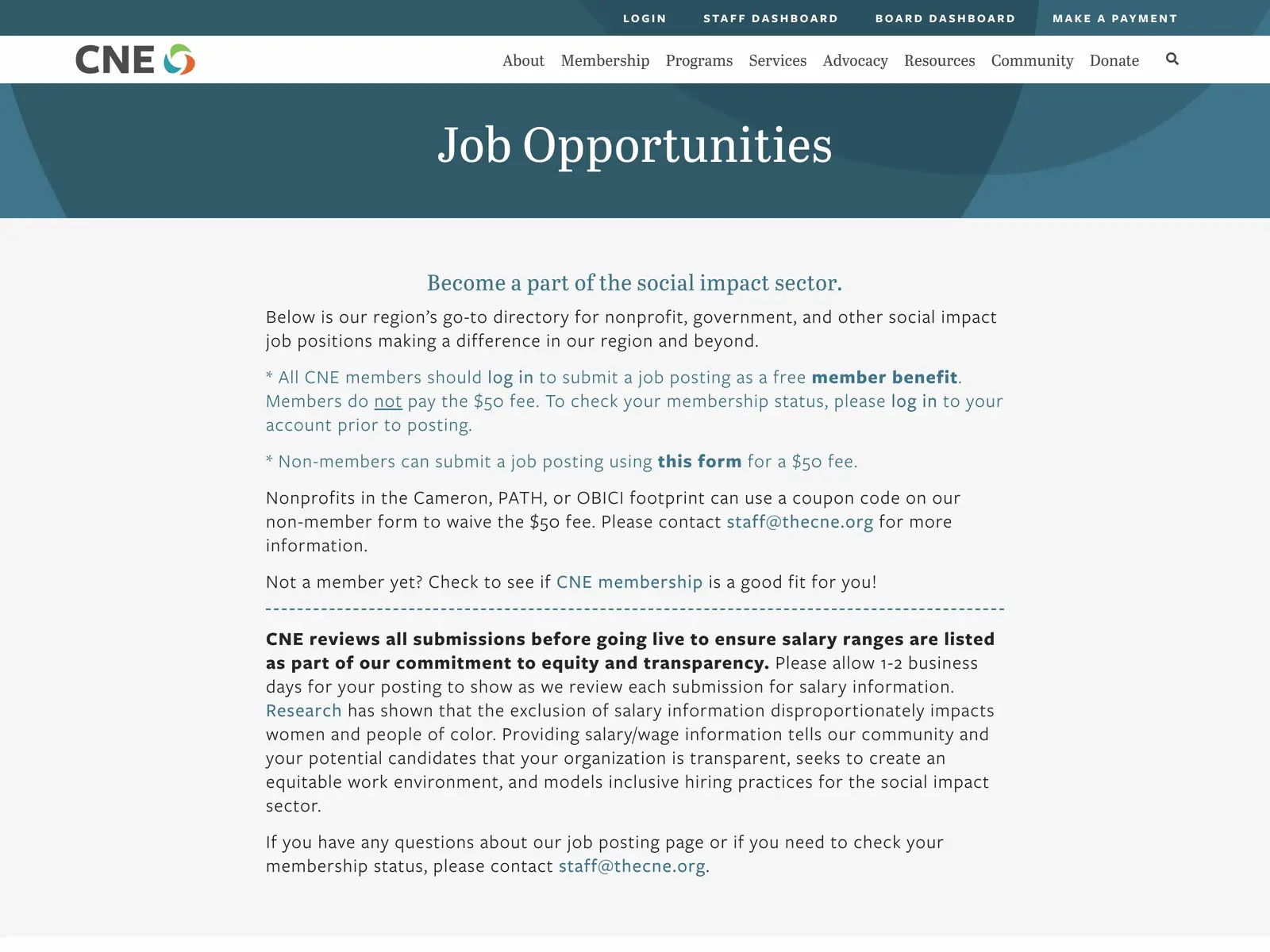 Screenshot of CNE Job Board