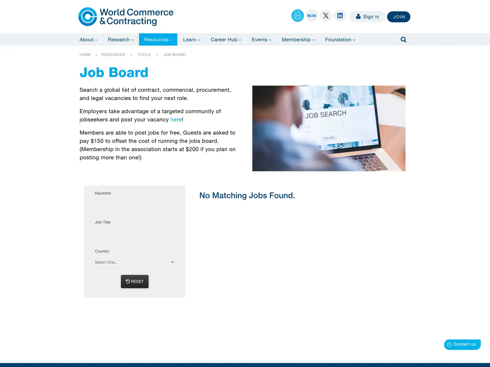 Screenshot of World Commerce & Contracting Job Board
