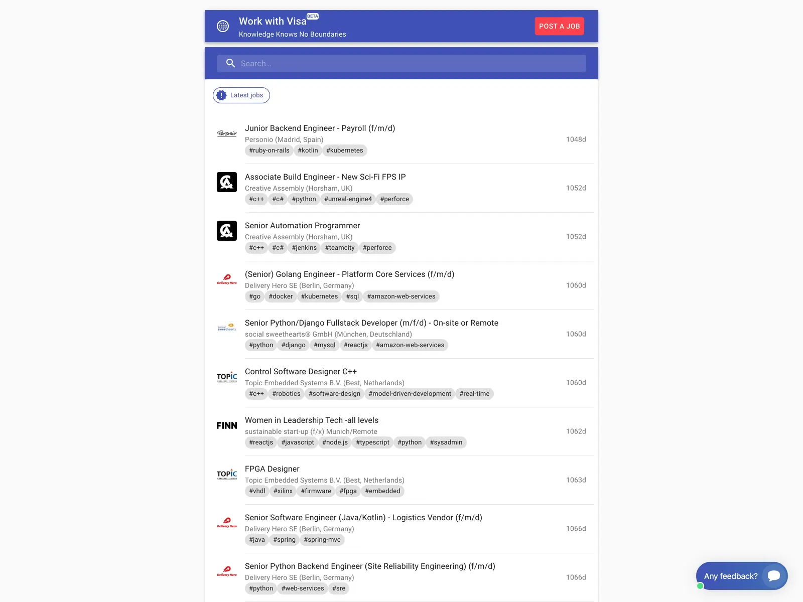 Screenshot of Jobs with Visa sponsorship