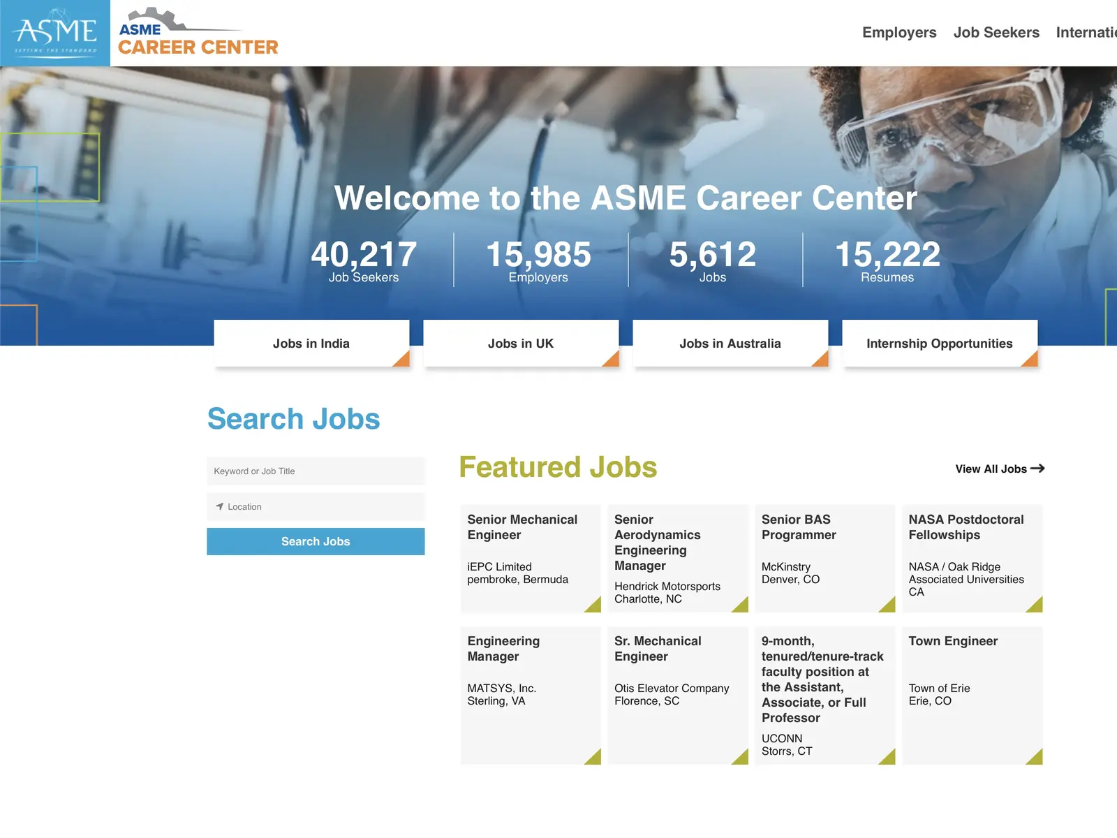 Screenshot of ASME Career Center