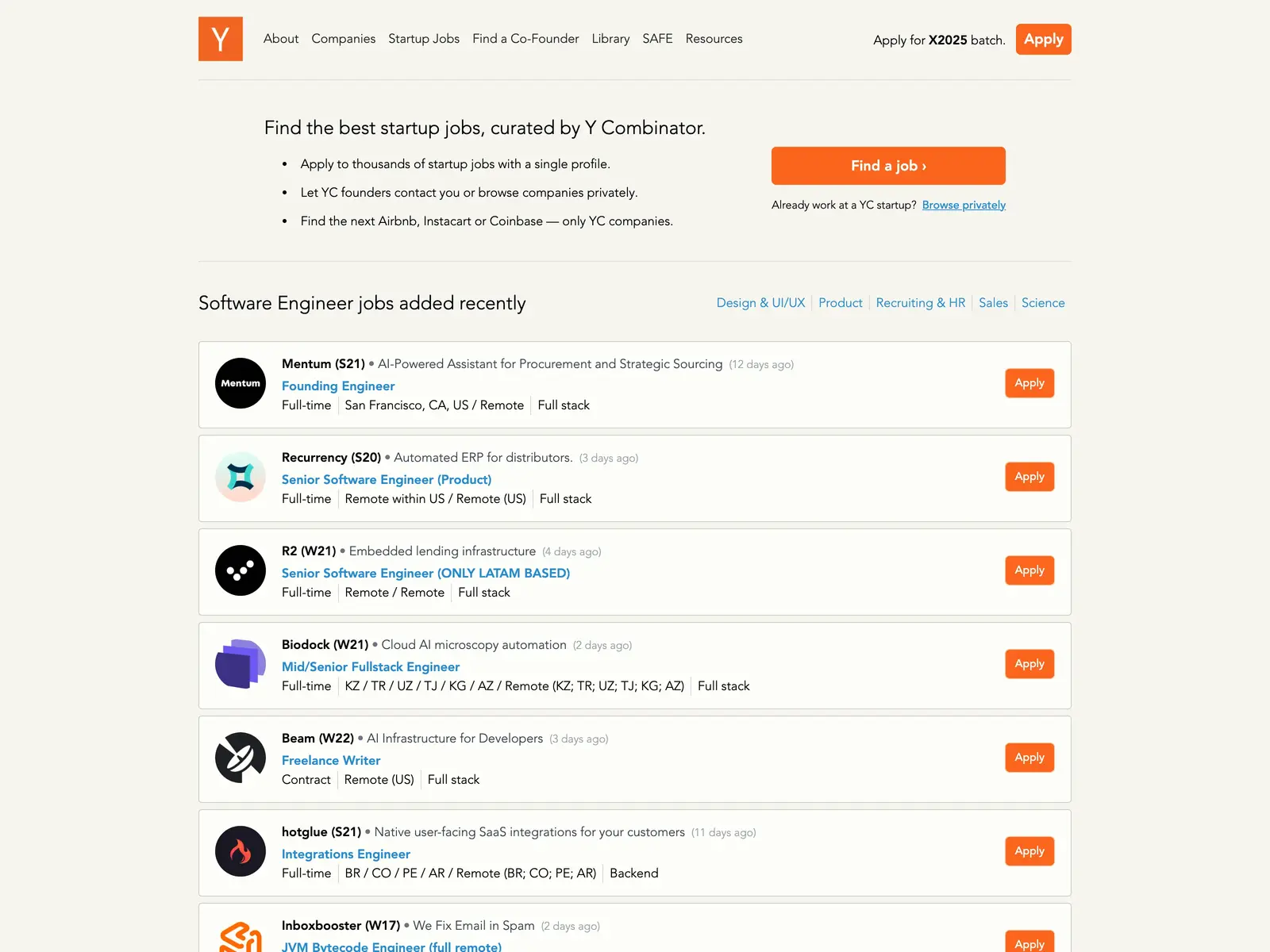 Screenshot of Y Combinator Jobs