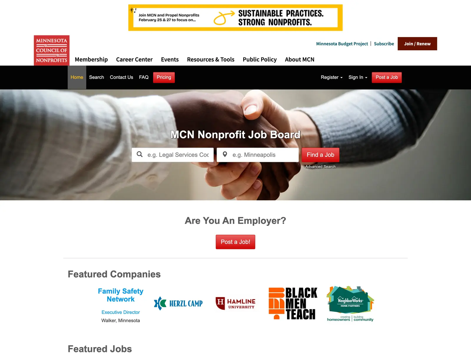 Screenshot of MCN Nonprofit Job Board