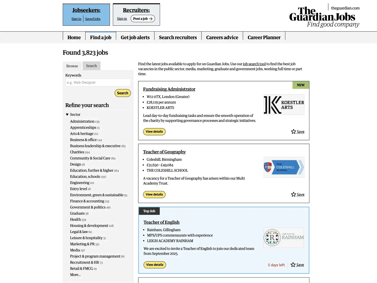 Screenshot of Guardian Jobs