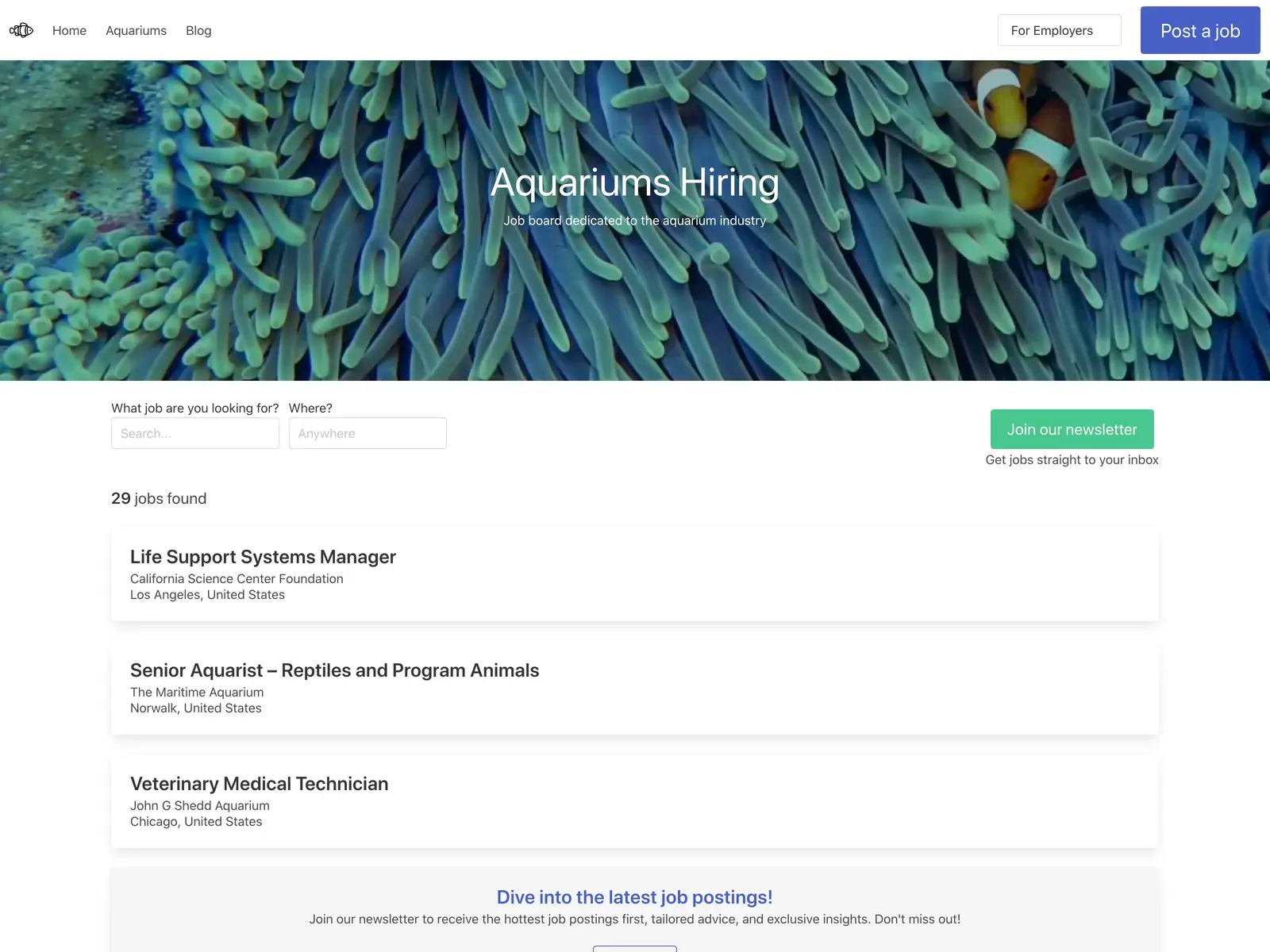 Screenshot of Aquariums Hiring