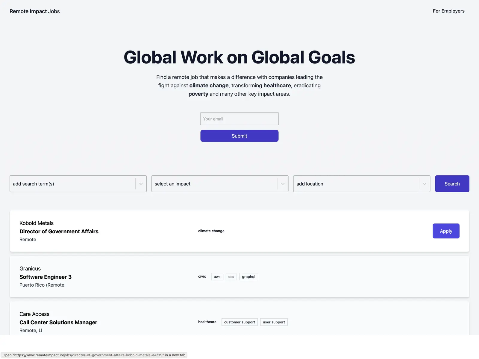 Screenshot of Remote Impact Jobs