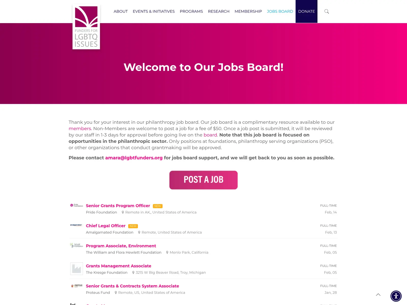 Screenshot of Funders for LGBTQ Issues Job Board