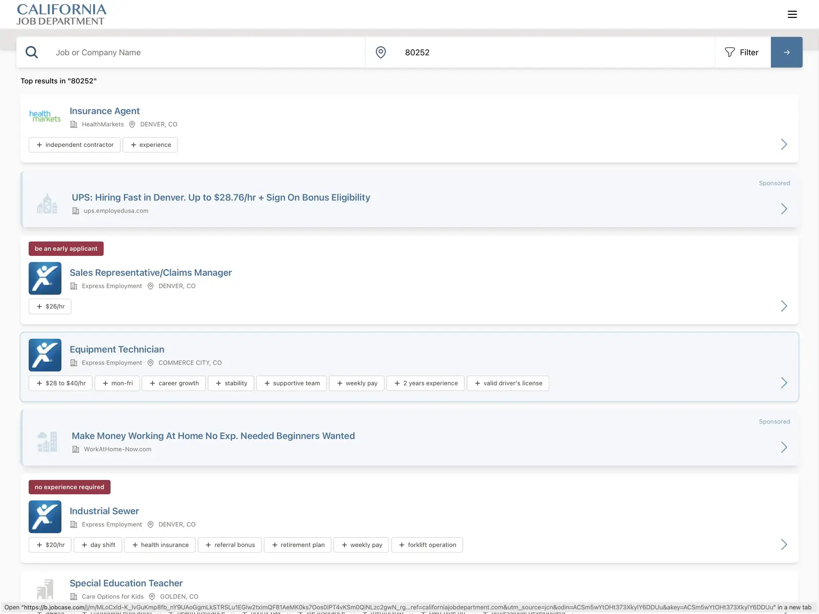 Screenshot of California Job Department