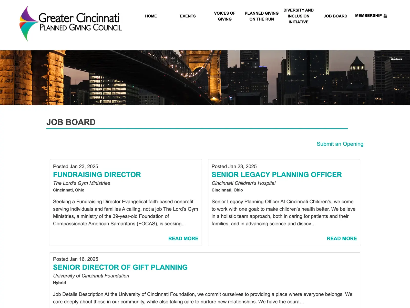 Screenshot of Greater Cincinnati Planned Giving Council Job Board
