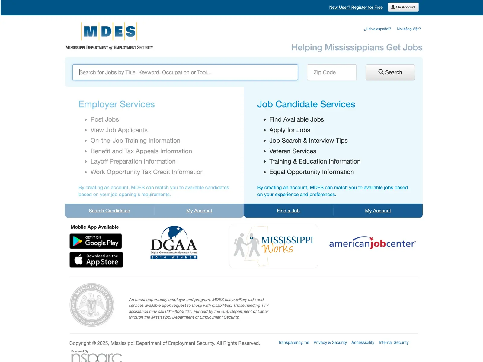 Screenshot of MDES: Online Employment Services