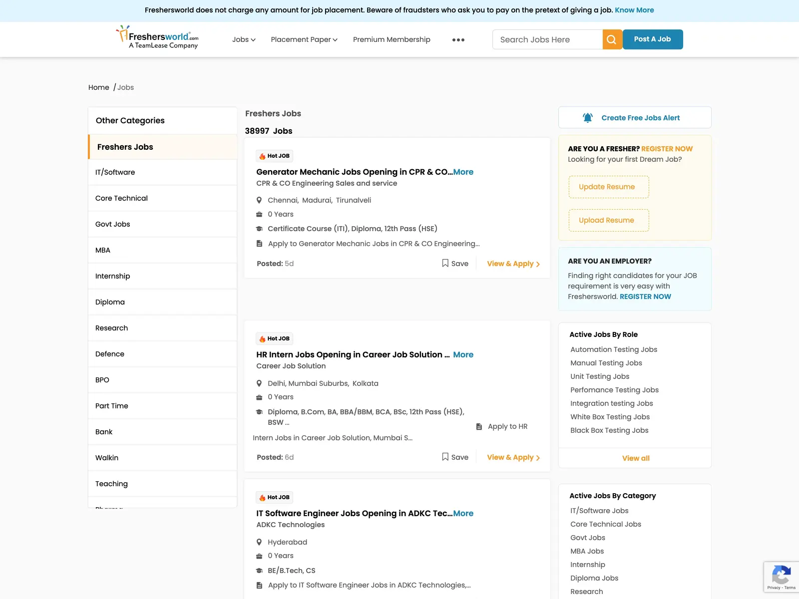Screenshot of Freshersworld