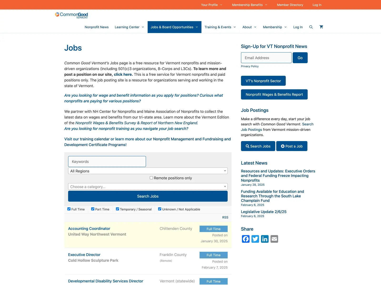 Screenshot of Common Good Vermont Jobs