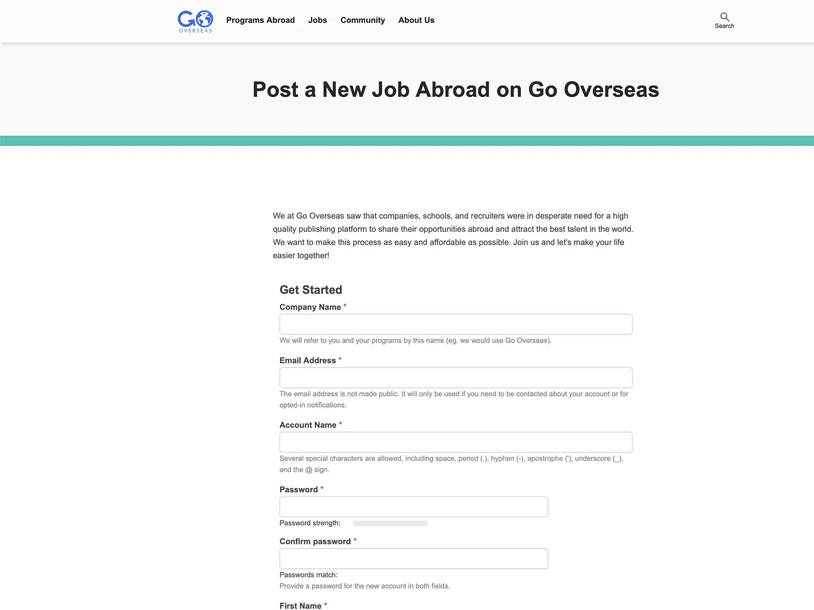 Screenshot of Go Overseas Job Board