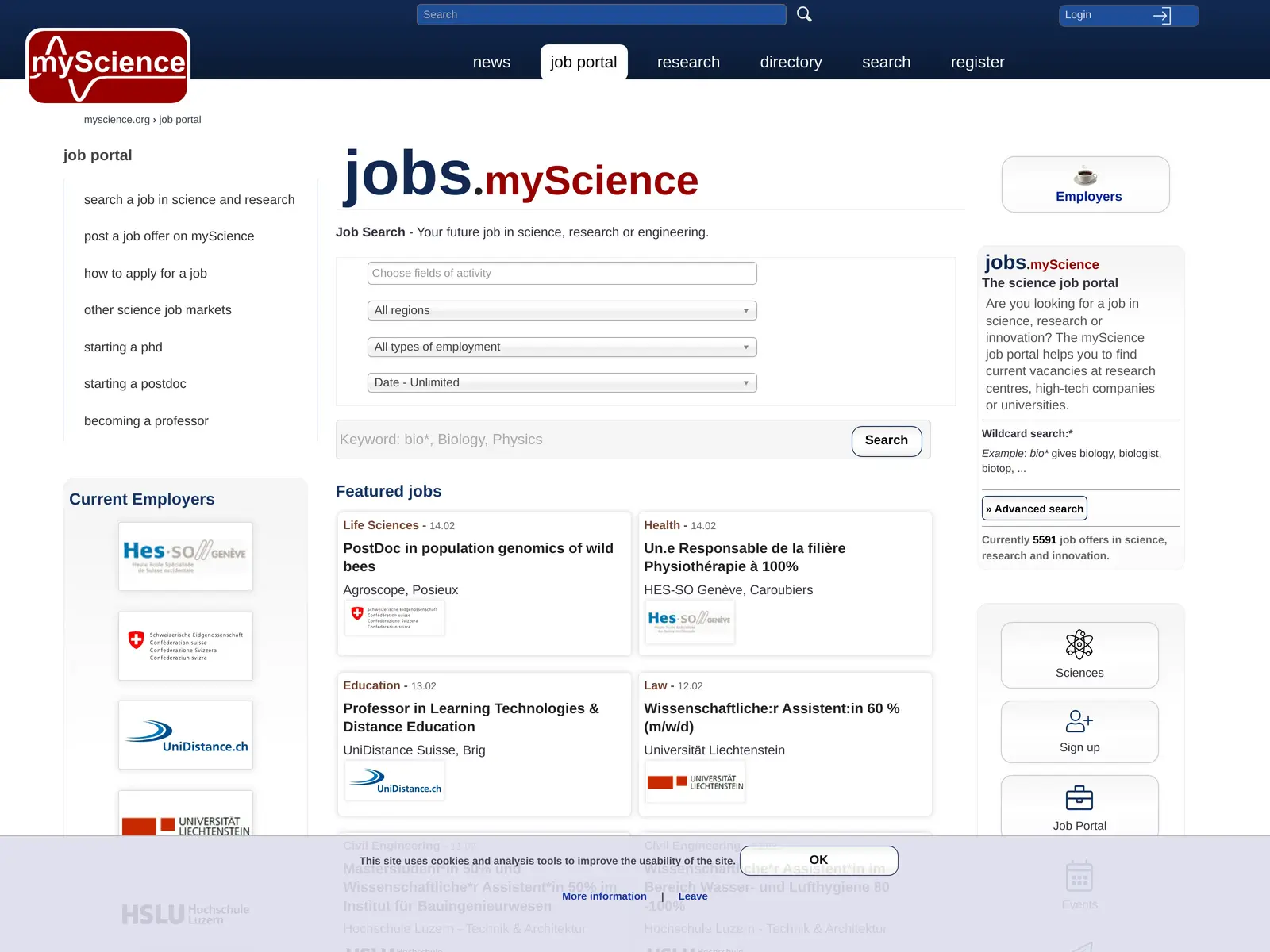 Screenshot of myScience Job Portal