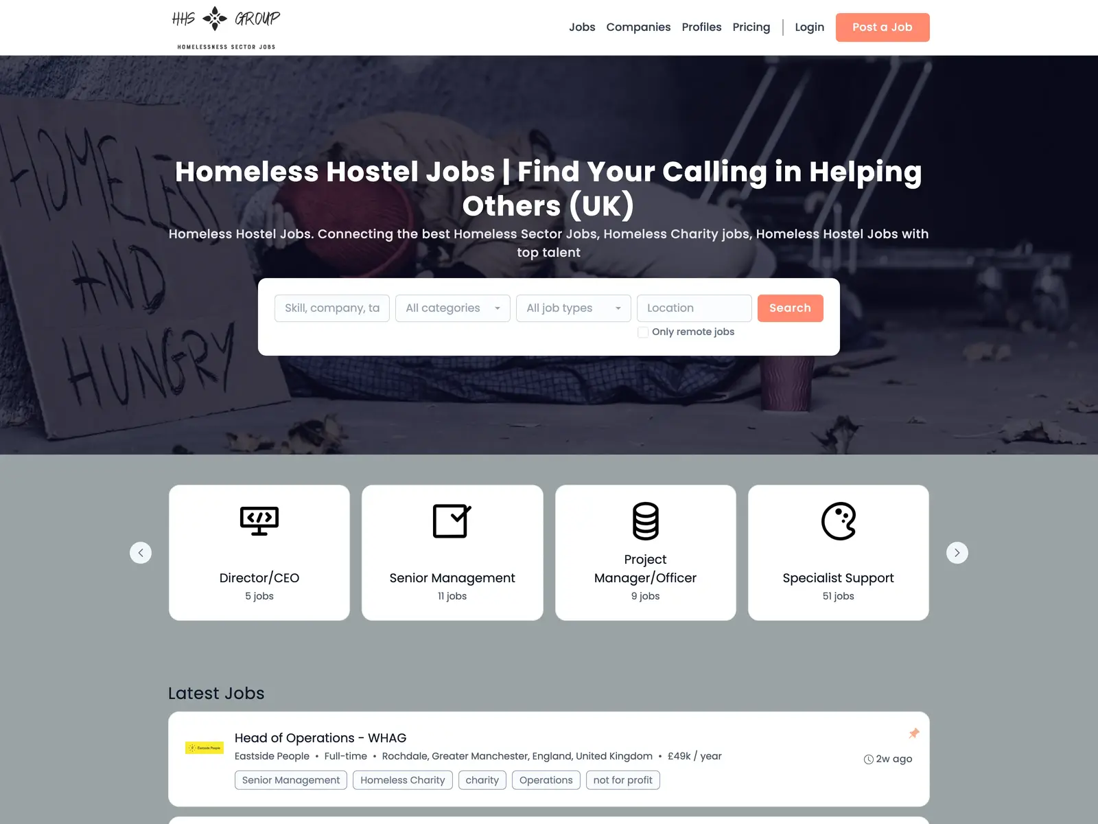Screenshot of Homeless Hostel Jobs UK