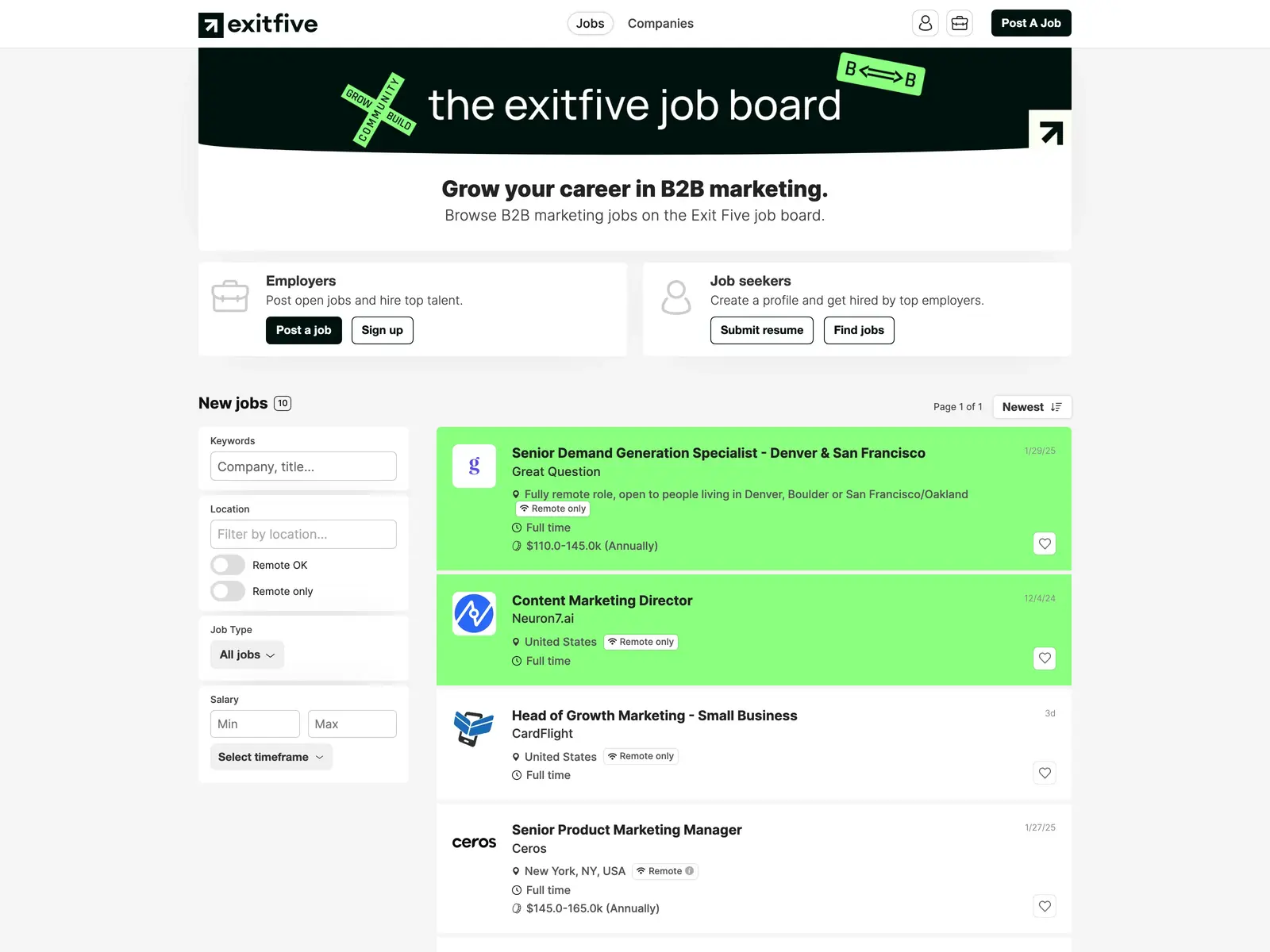 Screenshot of Exit Five B2B Marketing Jobs
